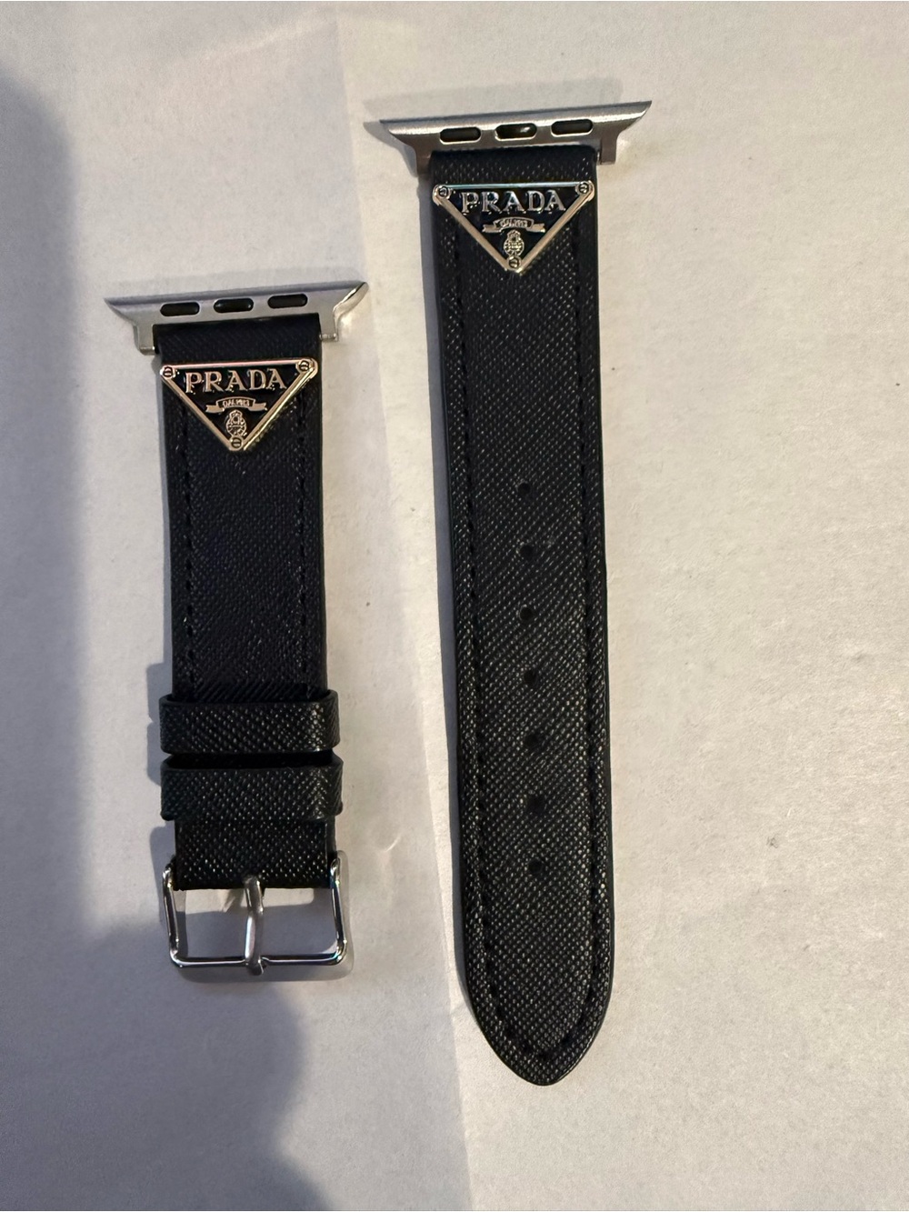 Custom Hand made Prada Black Textured Apple Watch Strap with Silver logo Unisex.
